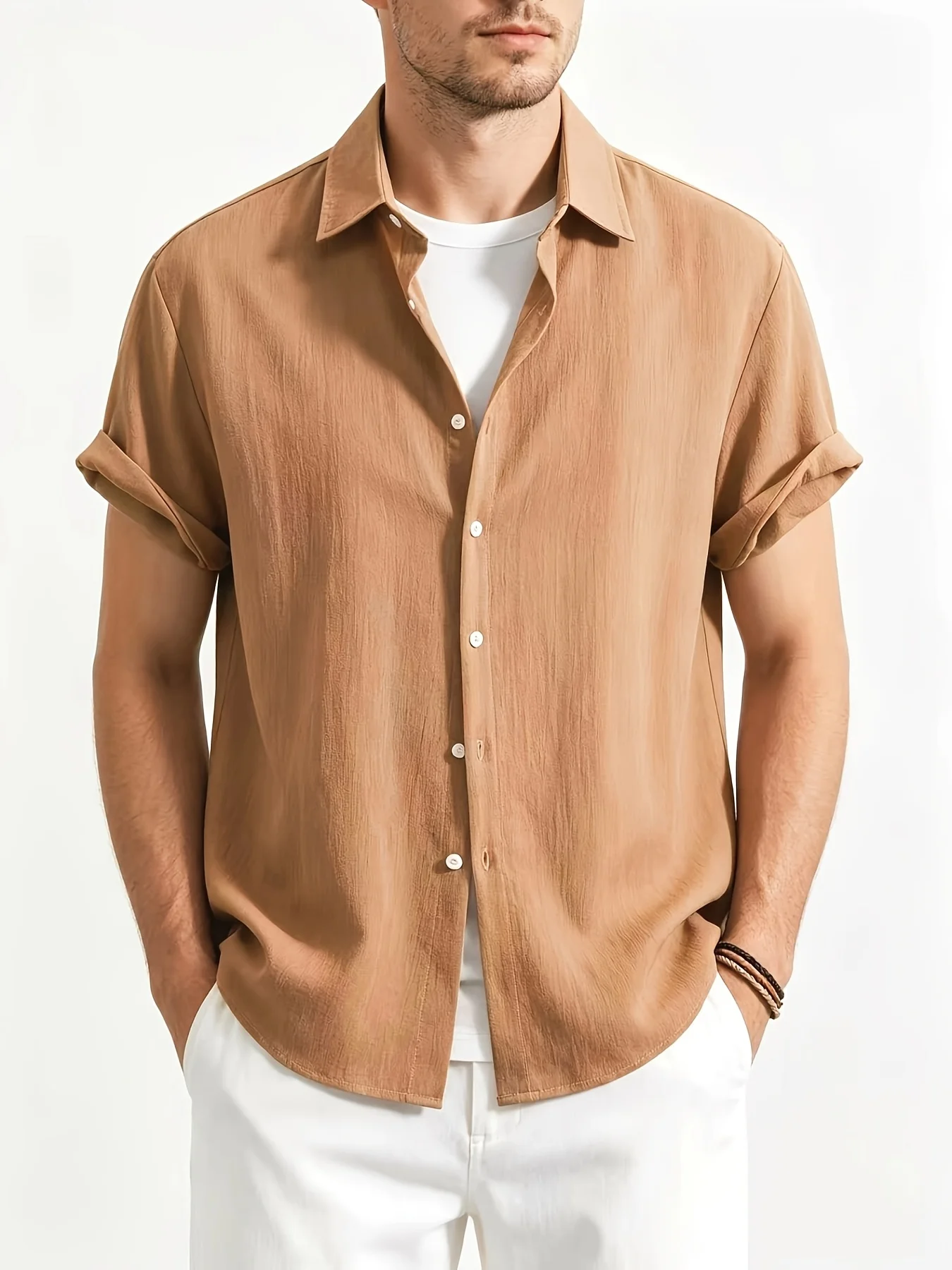 Men's Shirt Solid Color Textured Short Sleeve Lapel Button Shirts Summer Beach Vacation Casual Tops Men Clothing