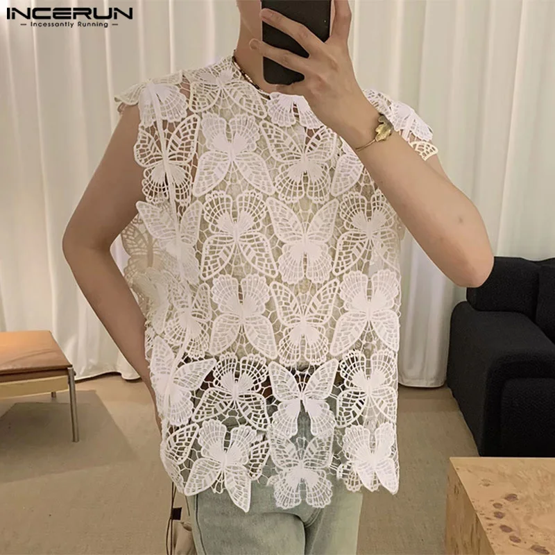 INCERUN Men Tanks Tops Hollow Out Lace Patchwork O-neck Sleeveless Transparent Male Vests Streetwear 2024 Fashion Men Clothing