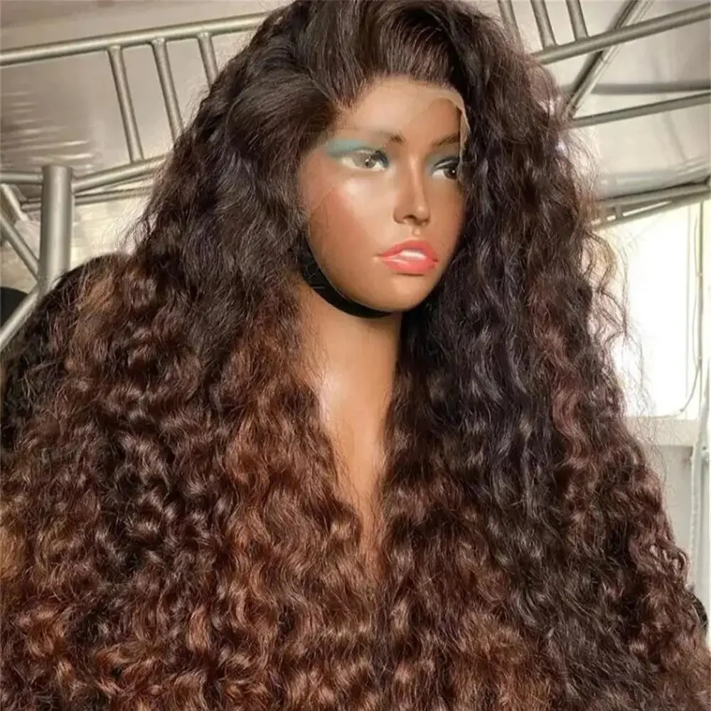 180Density Soft Kinky Curly 26Inch Long Ombre Brown Glueless Deep Lace Front Wig For Women With Baby Hair Preplucked Daily