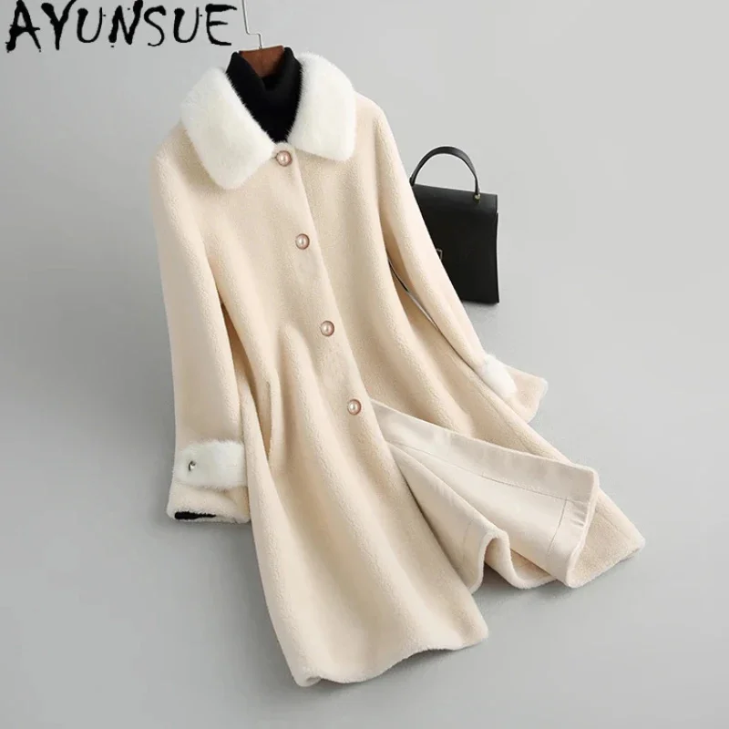 

100% AYUNSUE Wool Coats for Women Mid-length Sheep Shearing Jacket Mink Fur Collar Elegant Granular Coat Jaqueta Feminina