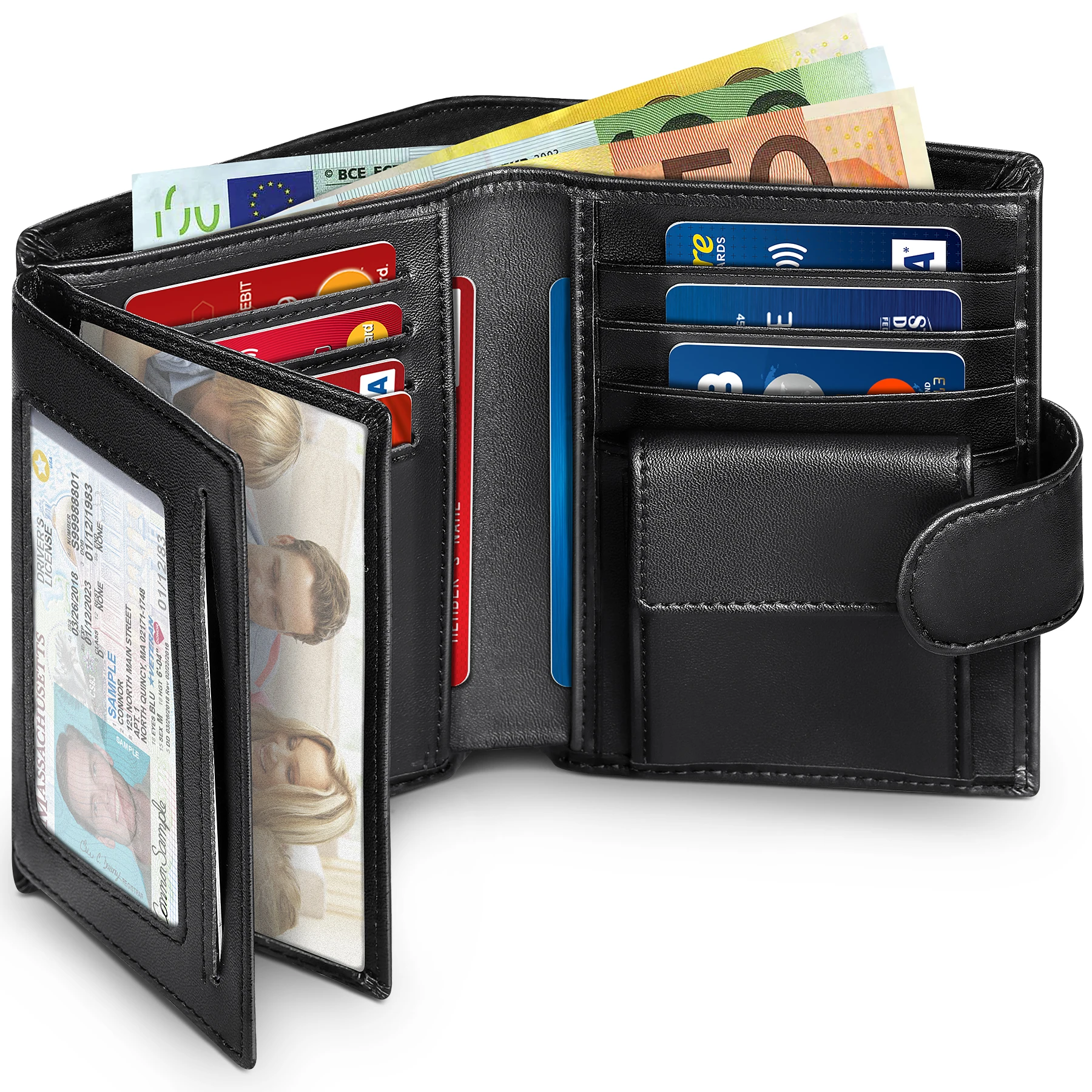 Męski portfel z prawdziwej skóry Portmonetka biznesowa Etui na karty RFID Przezroczyste okienko Przedział na banknoty Czarny