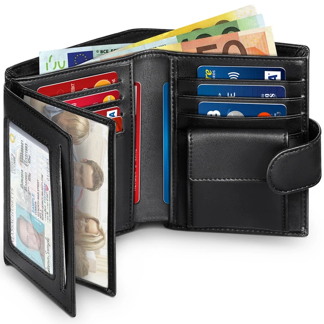 Męski portfel z prawdziwej skóry Portmonetka biznesowa Etui na karty RFID Przezroczyste okienko Przedział na banknoty Czarny