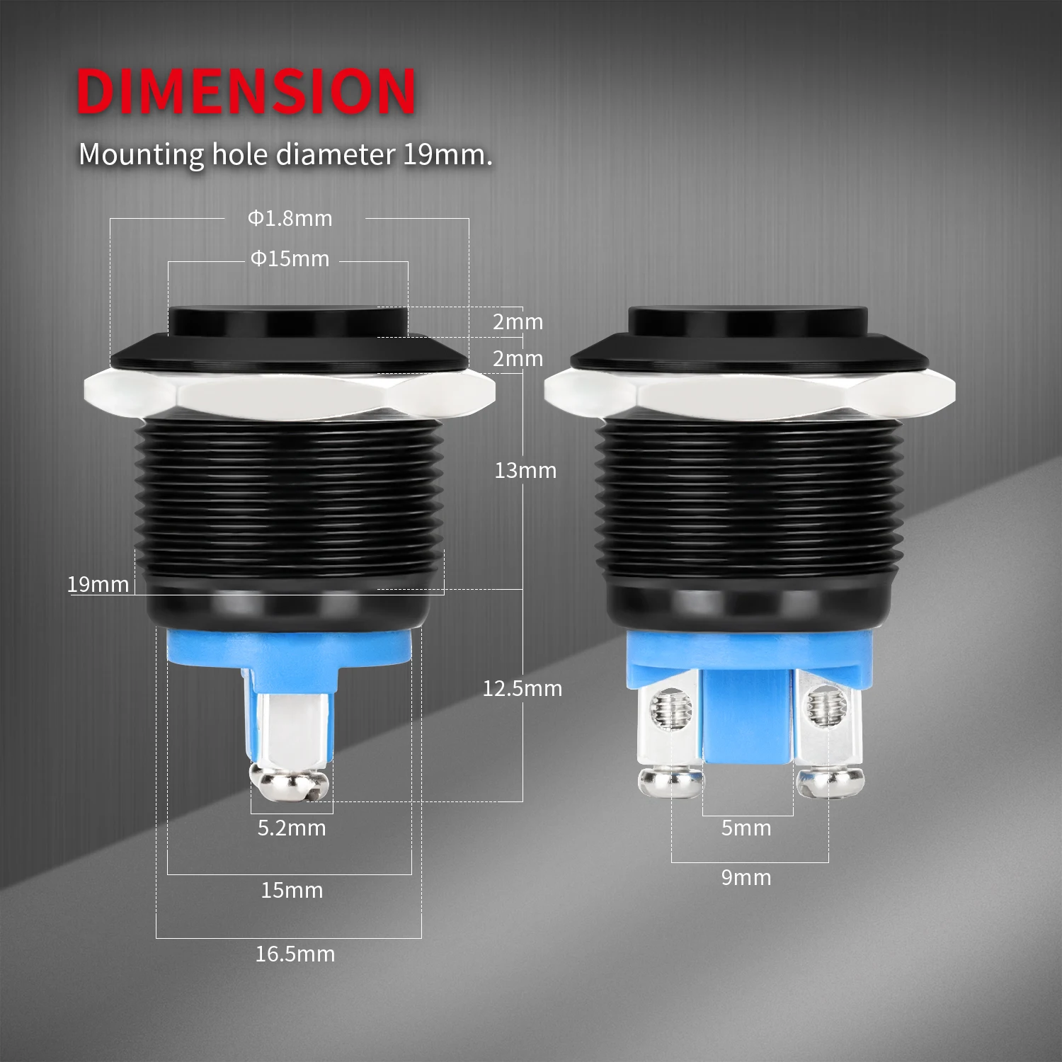 2PCS Momentary Horn Push Button Switch 12V Black Metal Waterproof 19mm Round Starter Power Switch for Car RV Truck Boat Marine