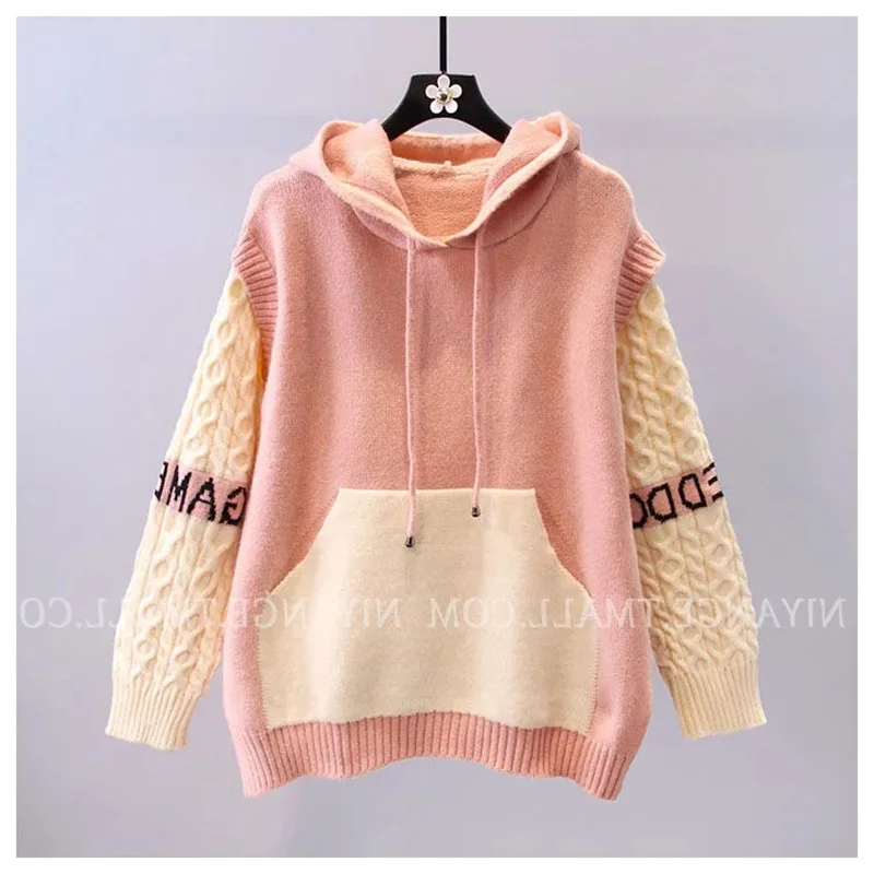 

Contrast Stitching Fake Two-Piece Hooded Sweater Coat Women's 2024 New Lazy Wind Loose Wearing Fashion Knitted Tops