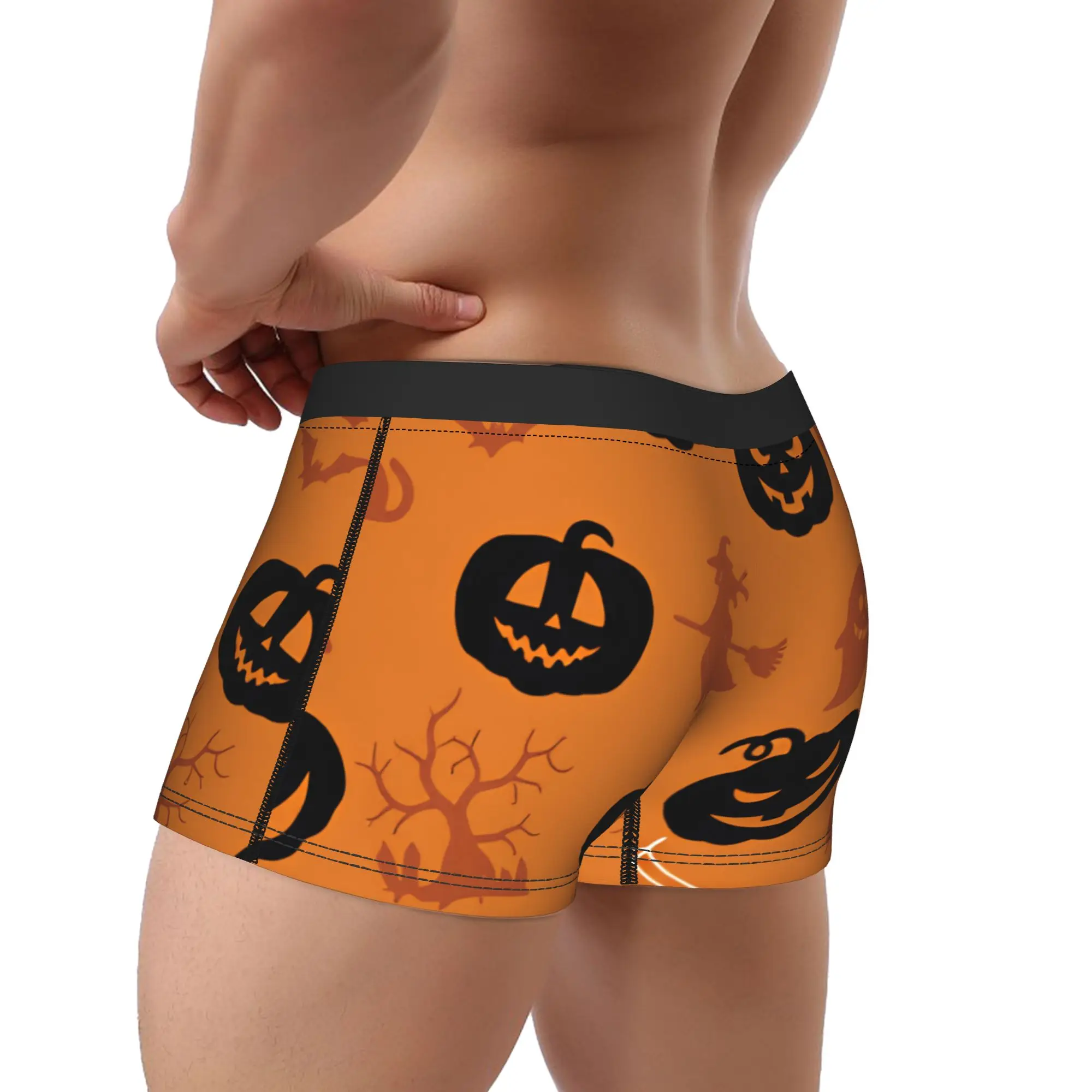 Halloween Pumpkin Cat Witch Spider Web Bat Seamless Pattern Orange Background Underwear  Males Shorts Briefs Comfortable Trunk