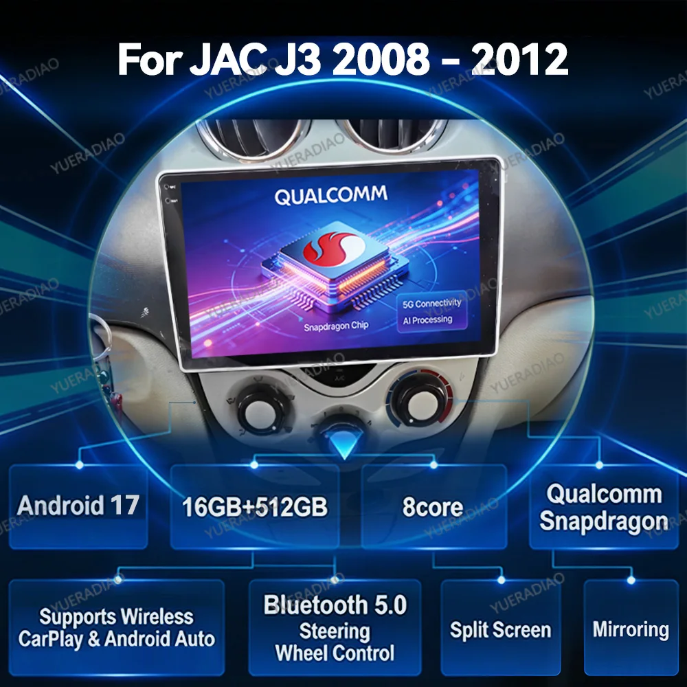 Android 17 Car Radio For JAC J3 2008 - 2012 Turin RS 2009 2010 2011 2012 Carplay Auto Multimedia Stereo Video Player FM GPS NAVI