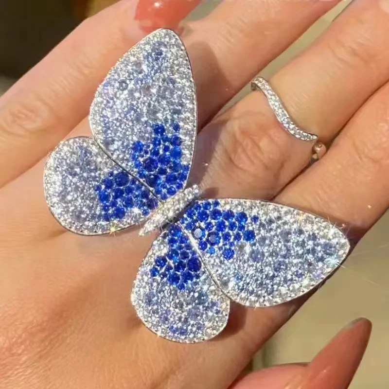 KQDANCE Wing Can Move Real 925 Sterling Silver Luxury Green Blue Pink Butterfly Cocktail Rings Woman Luxury Party Fine Jewelry - view 3