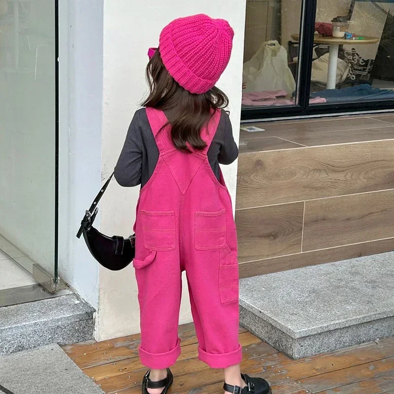 Spring Autumn Girls Jumpsuit Baby Overall Kids Bodysuit Children Suspender One Piece Fashion Pink Pocket Denim Cotton 2-7Y