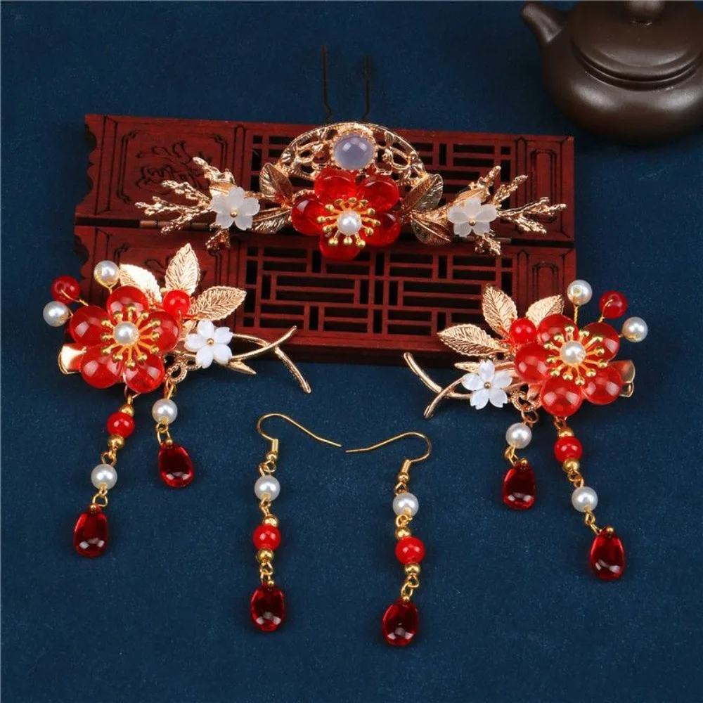 

Детский традиционный китайский головной убор Ханьфу: полный комплект, красная корона, аксессуары для волос с кисточками