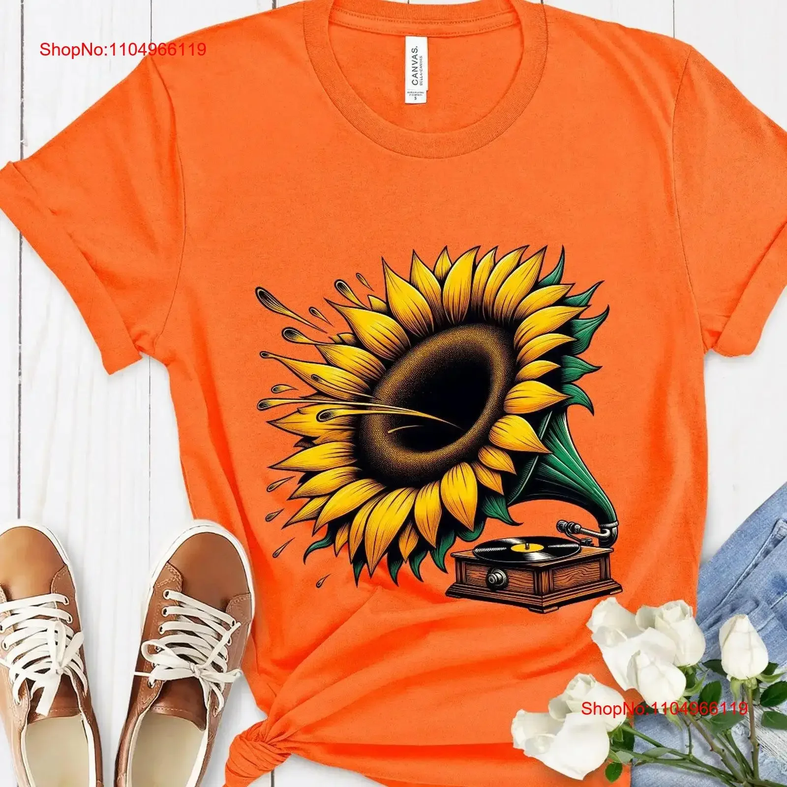 خمر لاعب مسجل تي شيرت عباد الشمس جراموفون تصميم الرجعية الموسيقى قمة الموضة الكلاسيكية الفينيل عاشق لها خمر لينة #1