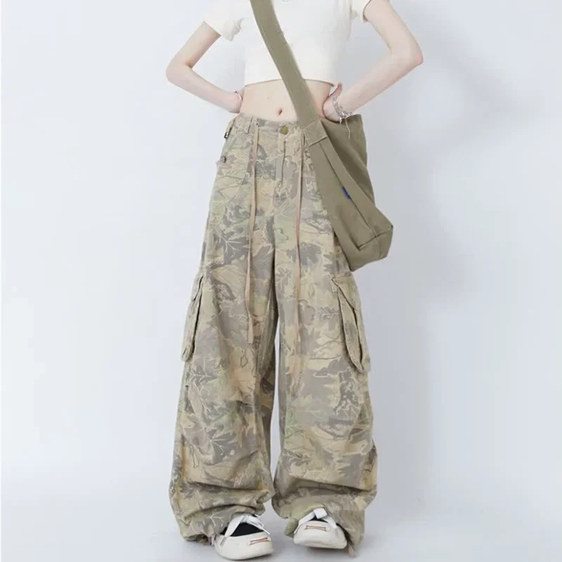 QWEEK-Pantalones Cargo de camuflaje de gran tamaño para mujer, ropa de calle Harajuku de pierna ancha, estilo Retro americano, Hip Hop