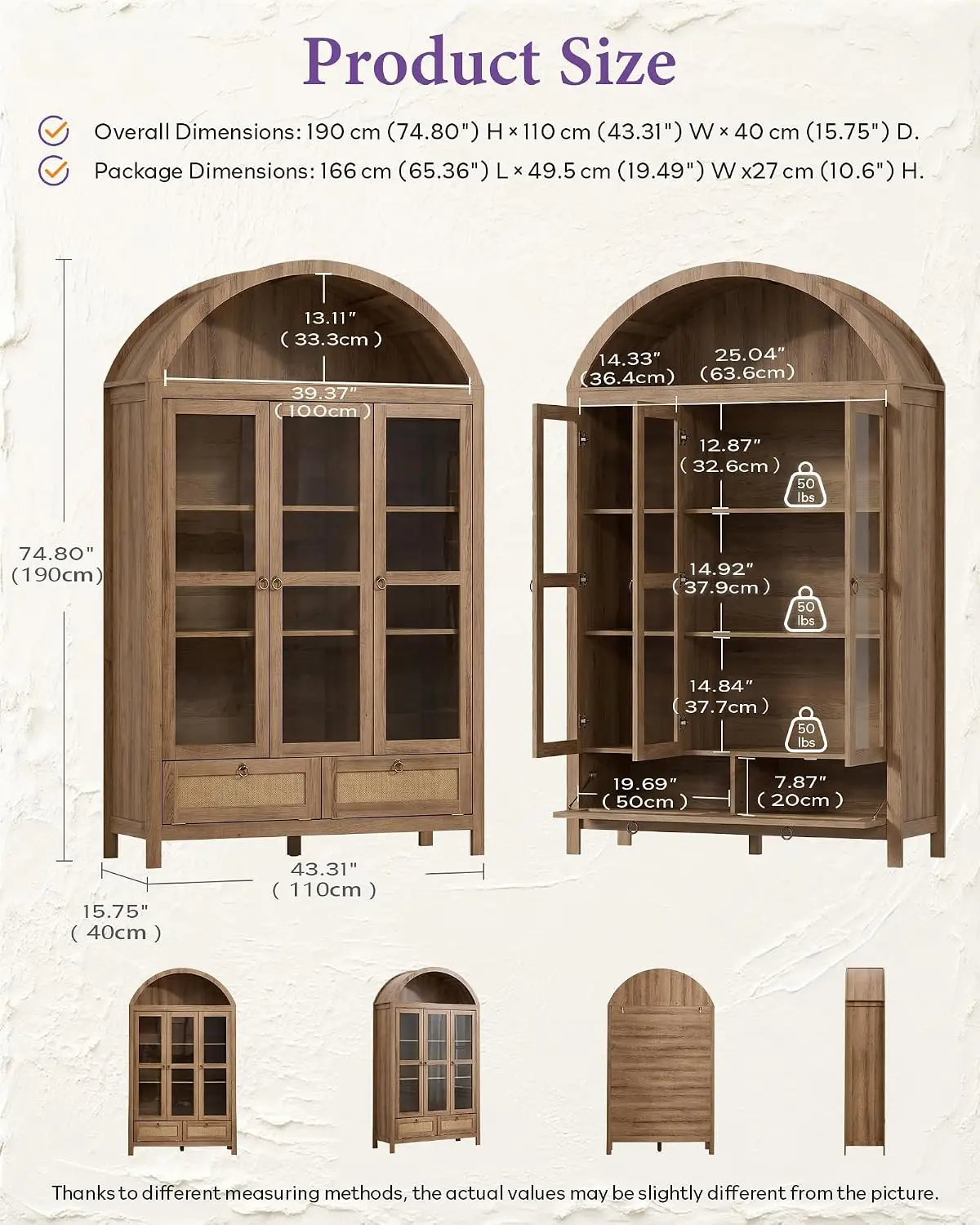 75'' Arched Cabinet Classic Farmhouse Design w/Three Glass Doors, Arch Cabinet w/Rattan Drawers and Anti-Tipping Device