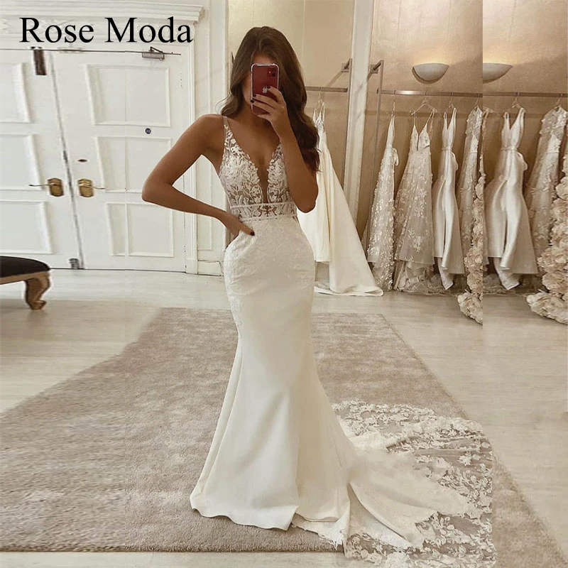 

Rose Moda Illusion Deep V Neck Lace Mermaid Wedding Dress with Removable Cape