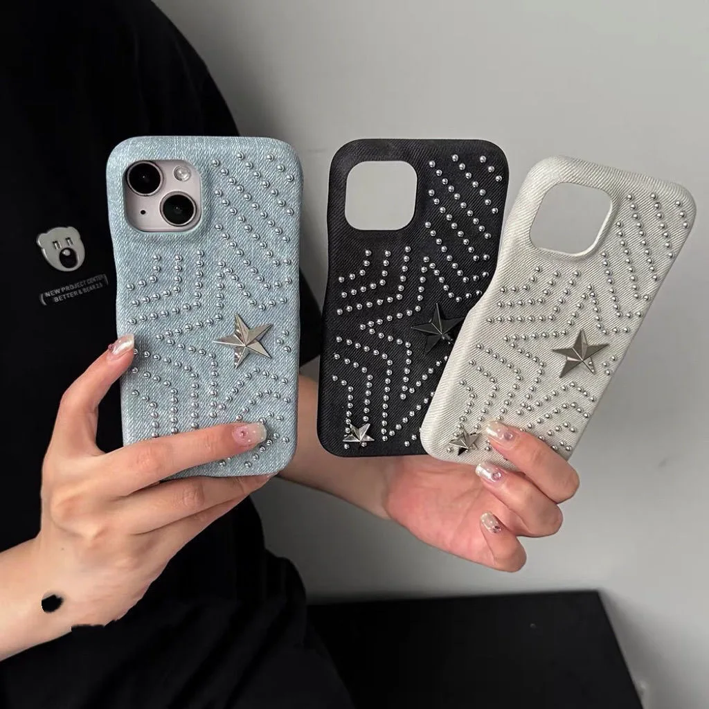 Retro-Denim-Stoff, Metall, fünfzackiger Stern, kleine silberne Perlen, stoßfeste Handyhülle für iPhone 17, 16, 15, 14, 13 Pro Max