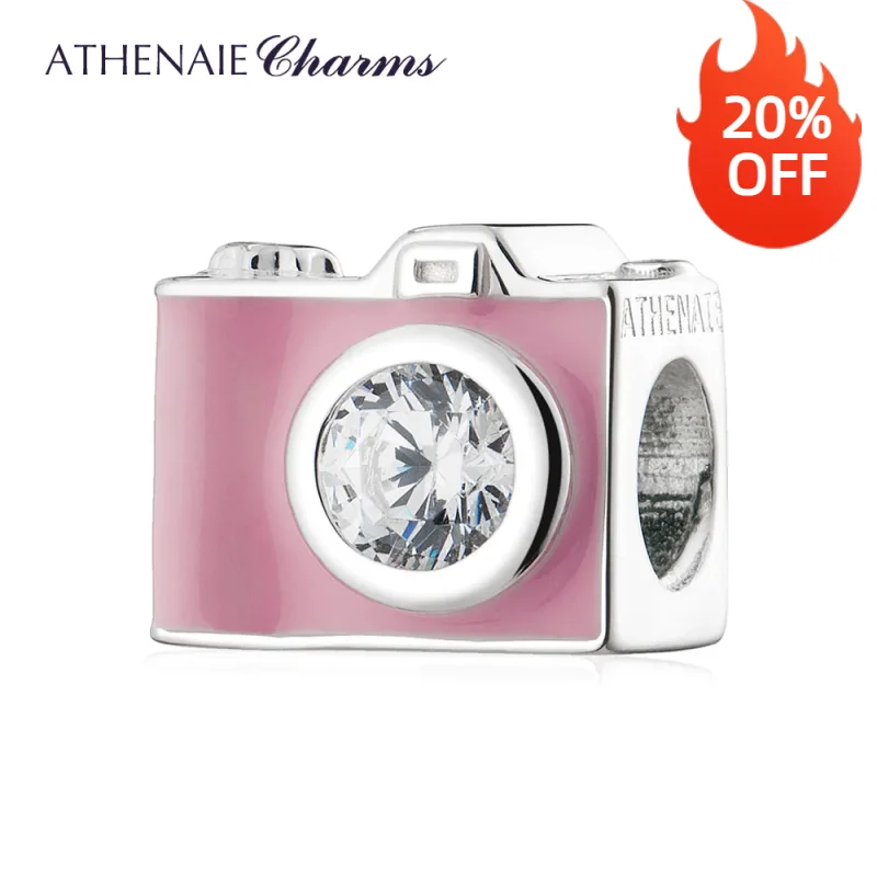 ATHENAIE 925 Sterling Silver Pink Enamel Vintage Travel Camera Charms Fit Bracelet DIY Jewelry Birthday Gift For Women