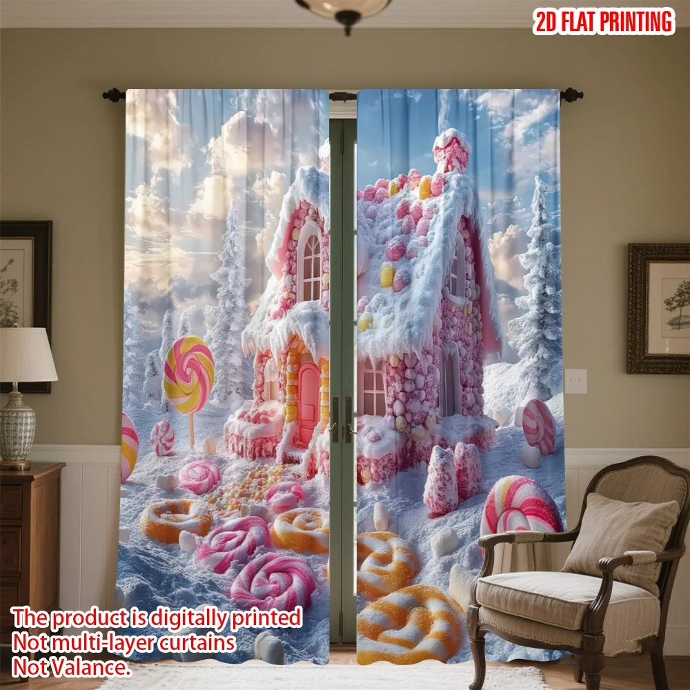 

2D flat printing 2pcs Curtains Christmas Candy Wonderland Digital Printed Polyester Drapes Seasonal Party & Holiday Decor