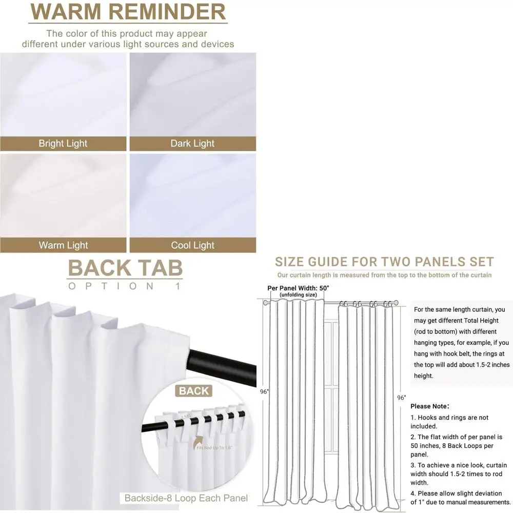 

Thermal Insulated 50W x 96L White Linen Curtains, 2-Panel Set for Bedroom & Living Room