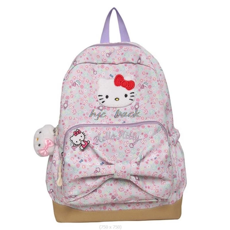 Mochila escolar bonito Hello Kitty para meninas, adolescentes e mulheres, mochila para laptop, mochila de arco, nylon, grandes sacos de livros estudantis