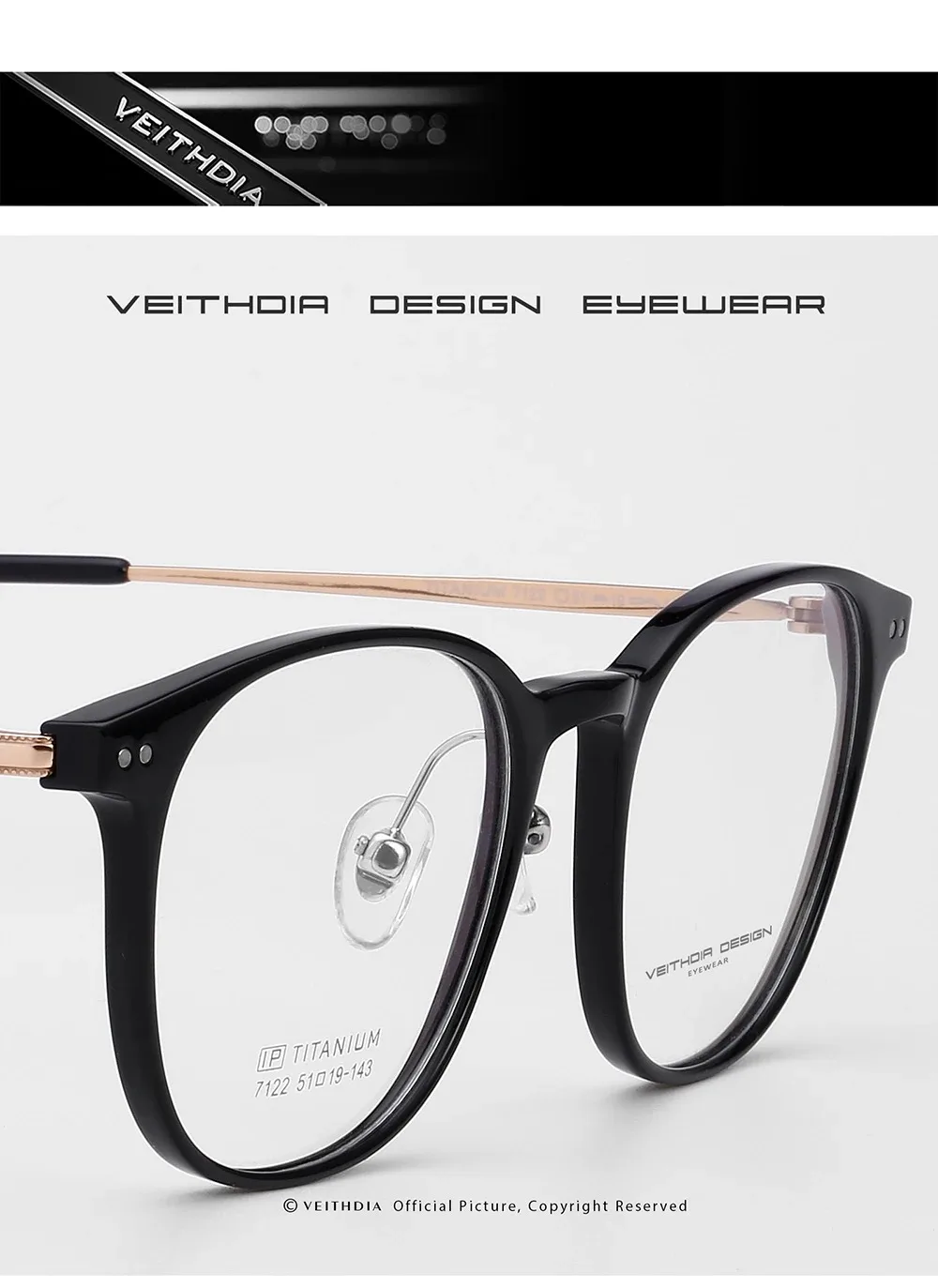 VEITHDIA إطار النظارات البصرية الكلاسيكية إطار سبائك التيتانيوم مكافحة الأشعة الزرقاء نظارات الطاقة البصرية نظارات القراءة الكمبيوتر EF71220 #4