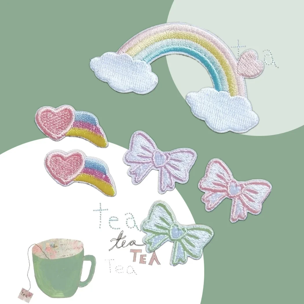 Self-adhesive Lovely Rainbow Bow Heart Embroidered Patches for Clothing T-shirt Jeans Iron on Clothes Small Appliques Stripe Diy