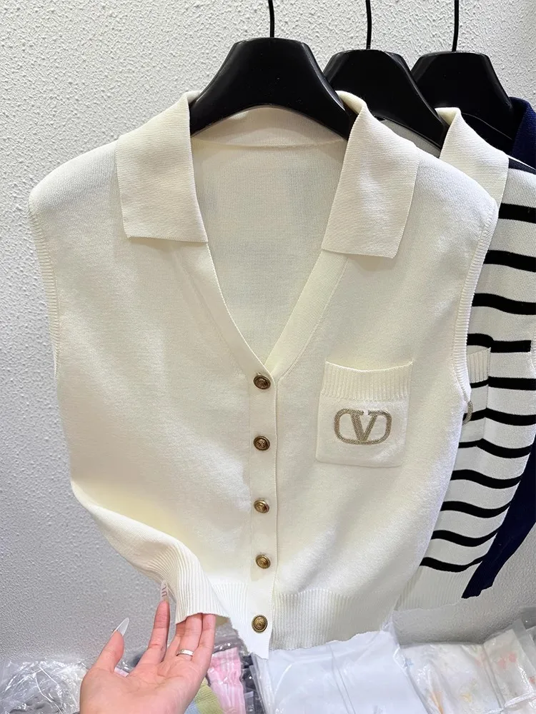 Atasan Rajut Wanita Slim Fit Musim Panas 2025, Tipis, Serbaguna, Desain Korea, Kasual, Bahan Sutra Es