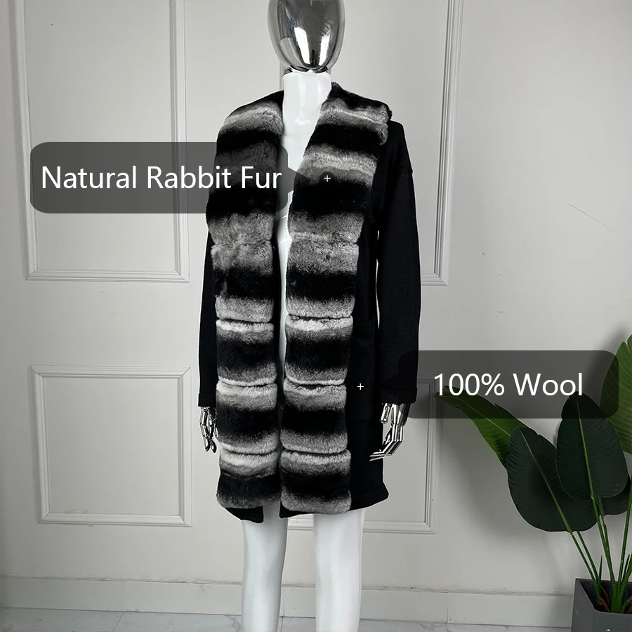 리얼 모피 트림이있는 롱 스타일 캐시미어 자켓 숙녀 천연 렉스 토끼 모피 자켓 패션 슬림 피트 따뜻한 롱 코트