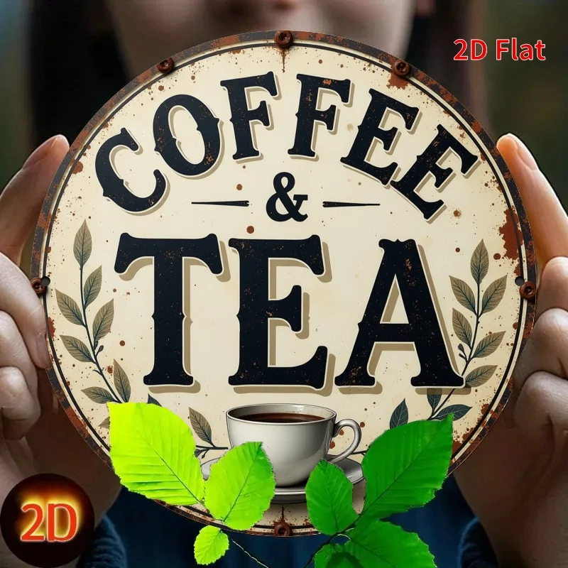 2D-Metallschild „Flat, Vintage Coffee & Tea“ – 7,8" runde Eisenwandkunst mit rustikalem Design, perfekt für Zuhause, Büro, Café oder Garten