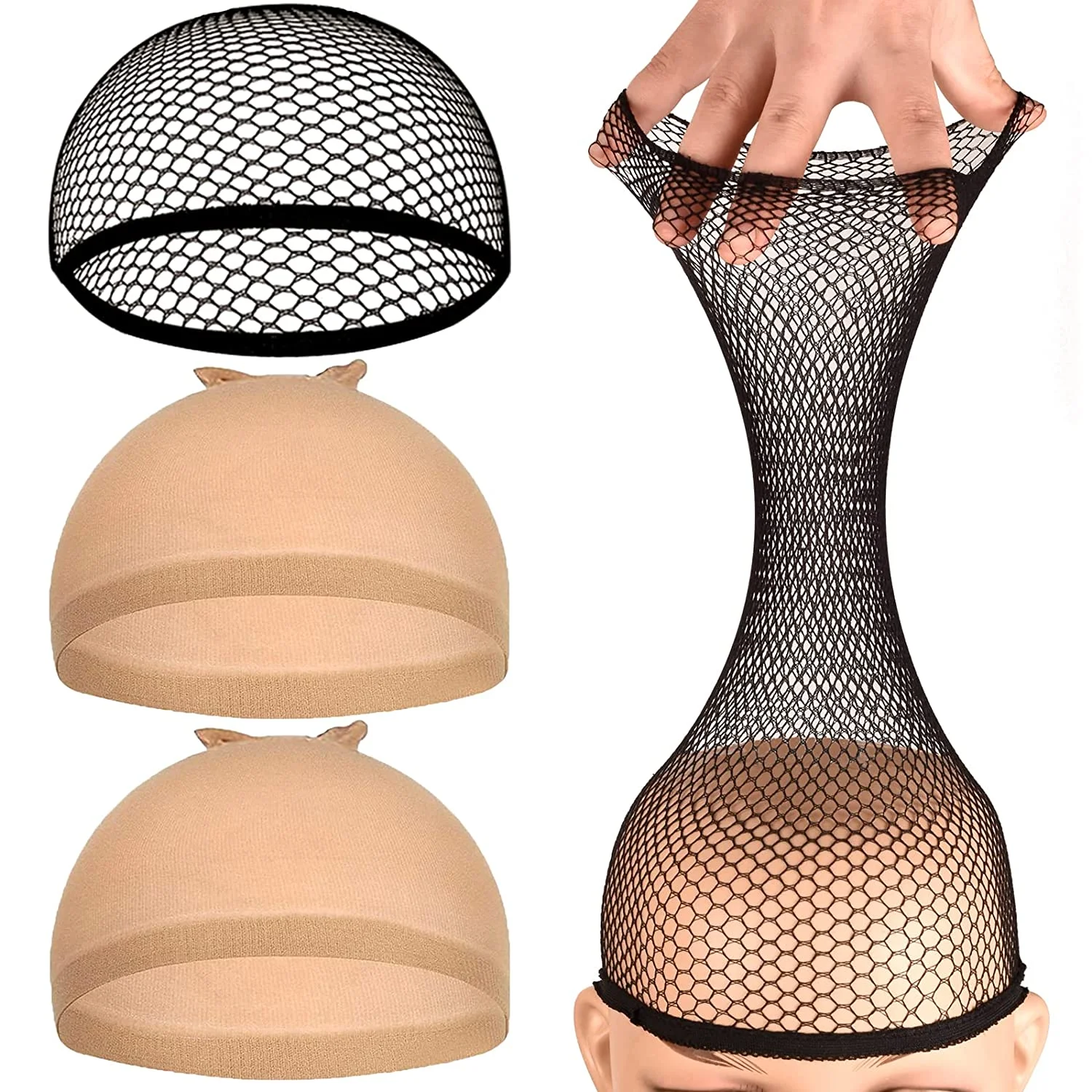 Elastic Stretchable Nylon Mesh Hair Net, Stocking Wig Cap, Open-End Fishnet para homens e mulheres, cabelos longos, preto nu, alta qualidade, 3pcs