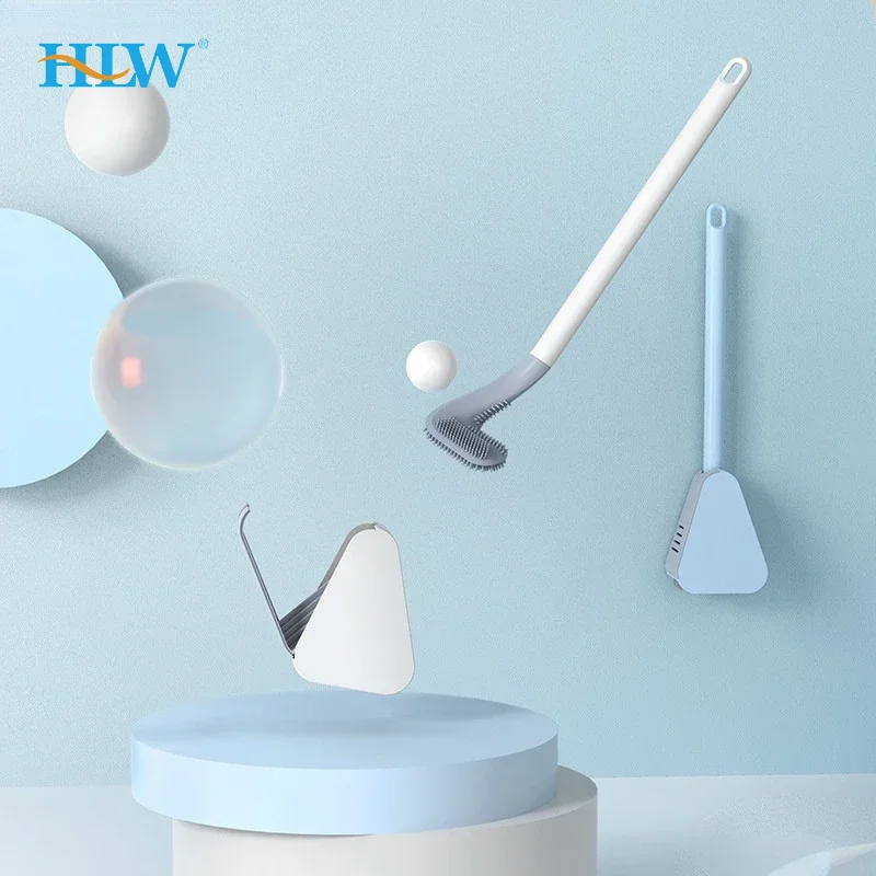 Bathroom long handle silicone toilet brush non porous wall mounted soft bristled cleaning tool set