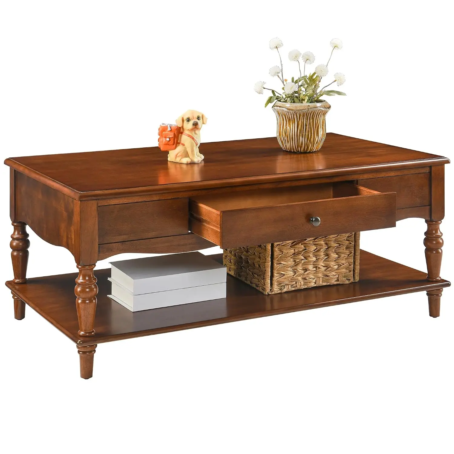 Solid Wood Coffee Table with Storage Shelf Victorian Style Living Room Furniture 43.3