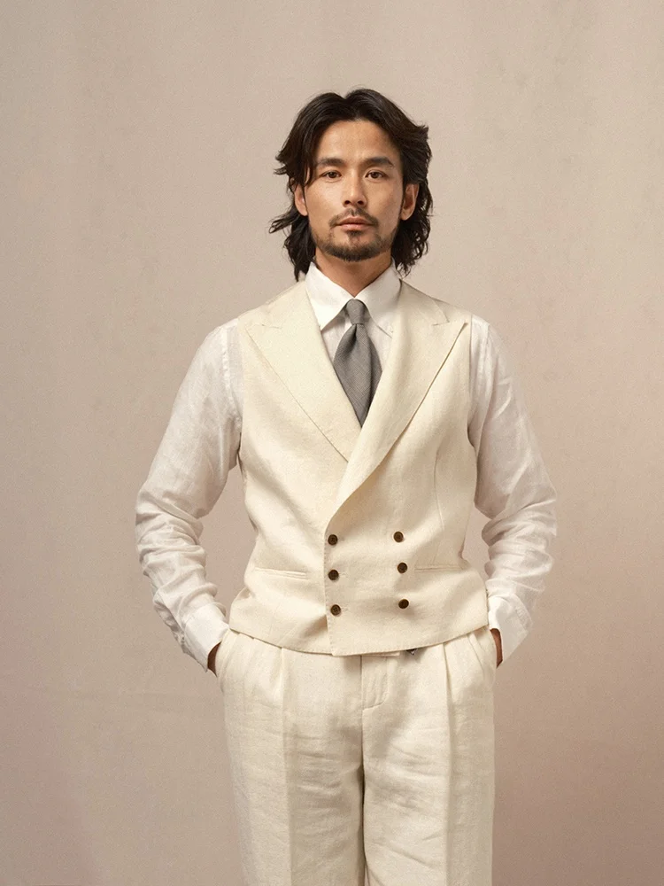 

Cultum100 Men's Linen Double-breasted Casual Vest Business Gentleman Style Summer Fashion Outerwear Breathable V-neck