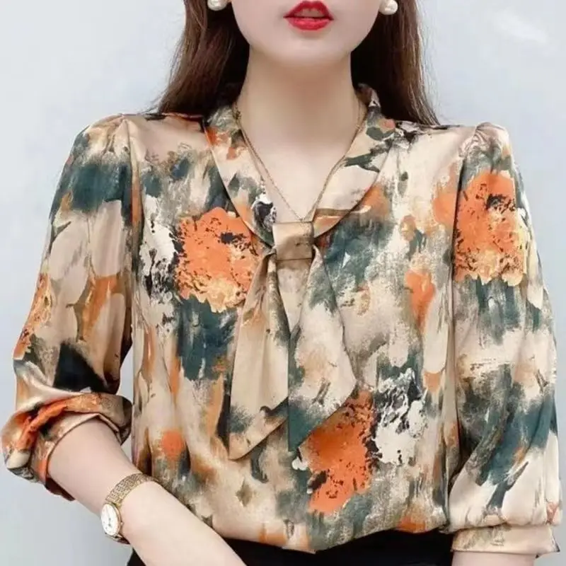 Best Sellers Thin French Retro Puff Sleeve Floral Printing Women\'s Clothing Chiffon Scarf Collar Pullover Bowknot Blouse Lace Up