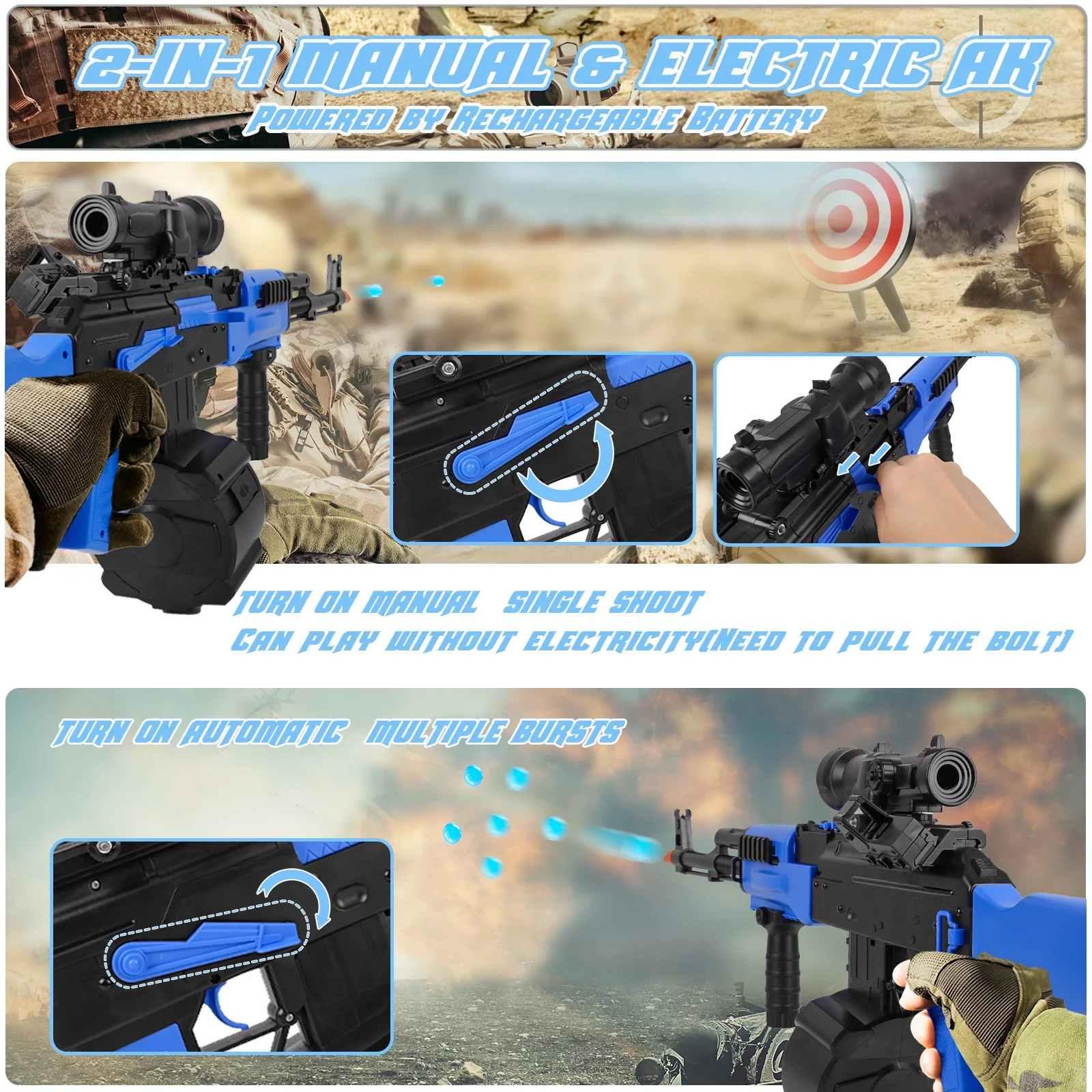 自動ゲルボールブラスターガン、AKM スプラッターボールブラスターおもちゃ、ドラムマグ & 50000 ウォータービーズ付き屋外 Ak 47 銃用