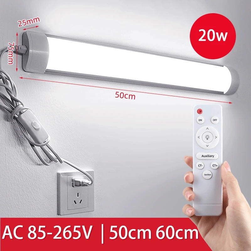 

Светодиодный светильник для шкафа с дистанционным управлением, 20 Вт, 50/60 см, затемняющая трубка для гардероба, спальни, лампы AC85-265V, настенный светильник для кухни, шкафа