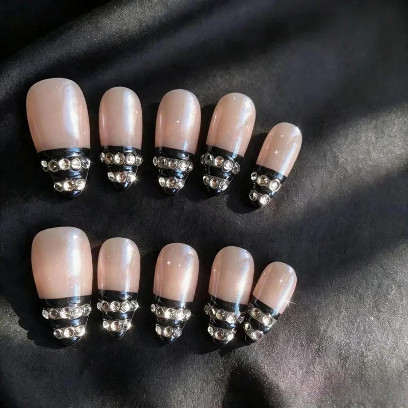 10 Stück Handgefertigte Aufklebenägel Aurora Elegante Strass-Kunstnägel Tragbare Natürliche Wiederverwendbare Luxuriöse Funkelnde Maniküre-Nägel Set