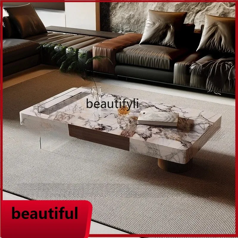 

X Minimalist natural marble coffee table small apartment smoked solid wood with storage living room tea table