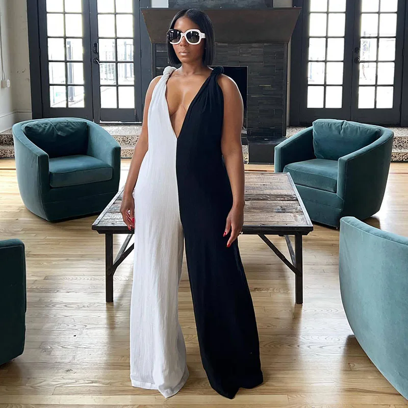 Chic Black White Patchwork Wide Leg Jumpsuit Women 2023 Sleeveless Deep V-neck Loose Straight Backless One Pieces Romper Elegant