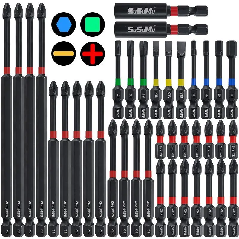 

S2 impact batch head anti slip high hardness drill bit set of 39 pieces,black anti slip cross head electric screwdriver bit