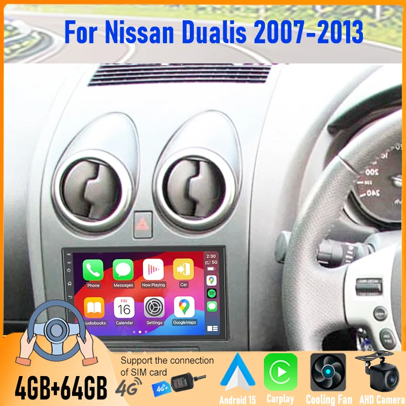 

7'' 4+64GB 2DIN Android Car Radio For Nissan Dualis 2007-2013 GPS Apple CarPlay BT FM Rear Camera Head Unit