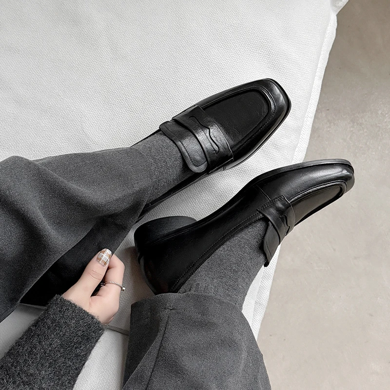 Spring Vintage Penny Loafers Women Genuine Cow Leather Square Toe Slip-on Solid Color Flats Casual Ladies Office Shoes Handmade