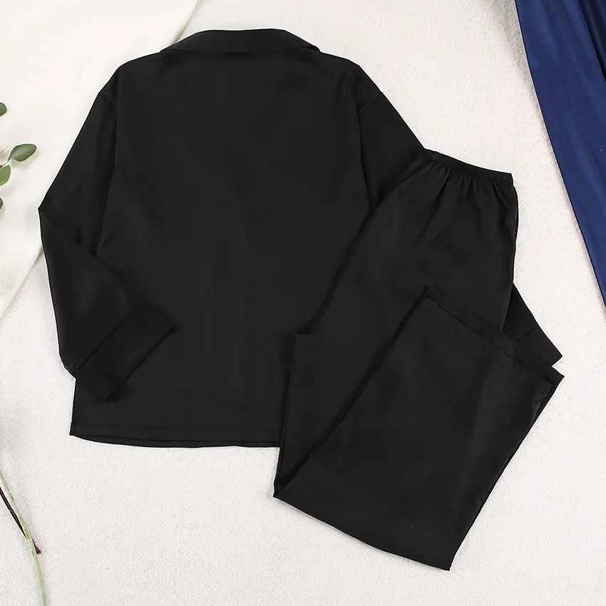 Two Pieces Women Pajama Sets Single Breasted Blouses Lounge Full Sleeve Spliced Straight Pants Casual Solid Lady Sleepwear