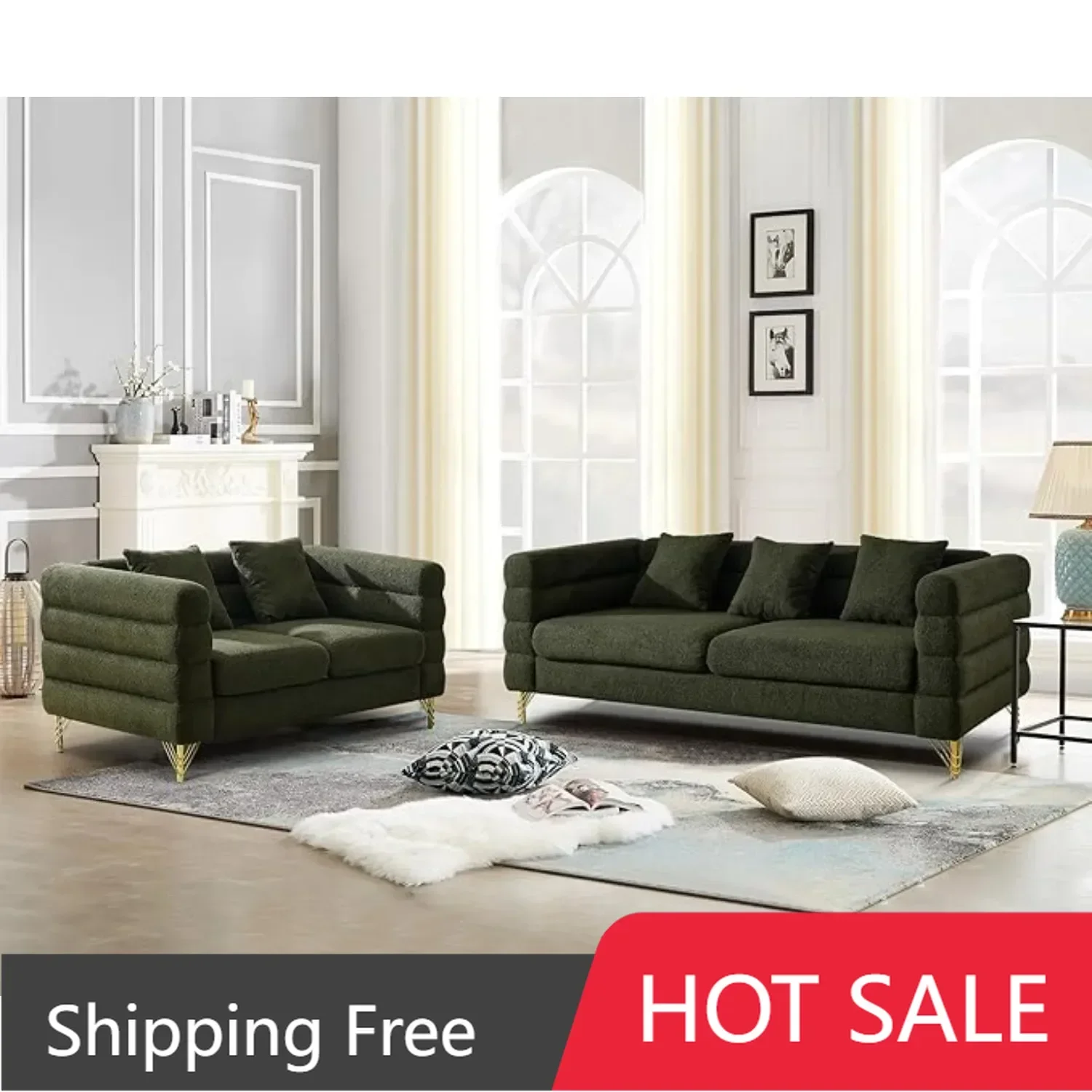 2 Piece Living Room Sofa Set, Comfy Boucle Couch w/ Loveseat & 3 Seater, Upholstered Sofa Couch w/ 2 Pillows & Deep Seat Design