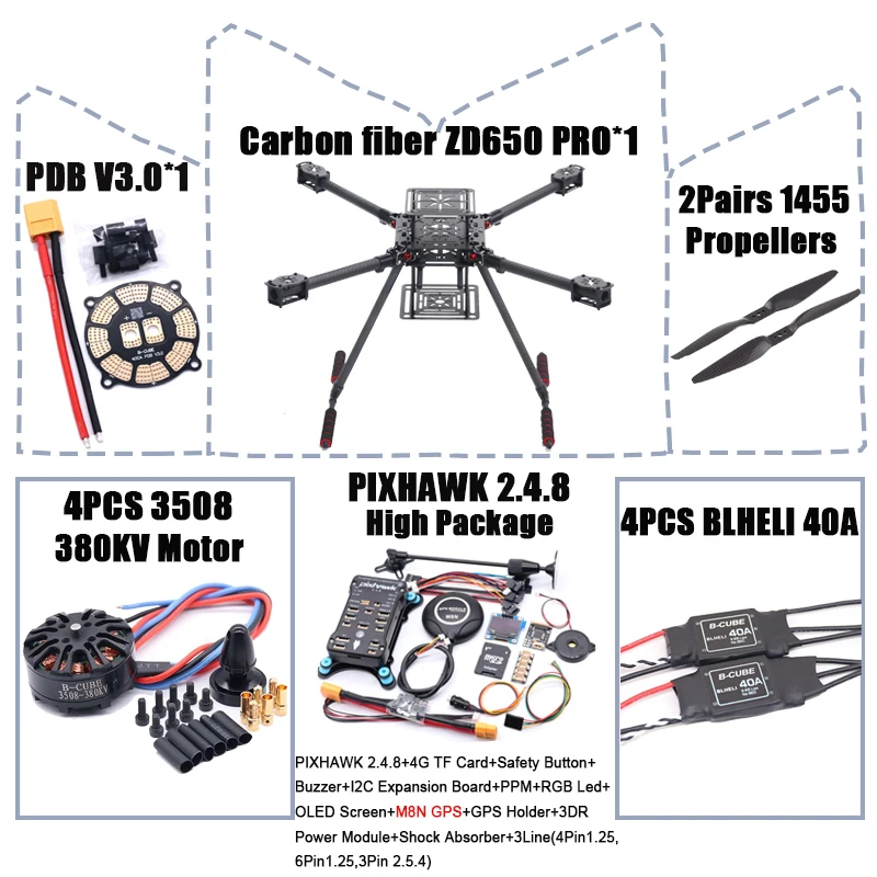 HanNiu ZD650 PRO 650mm Ardupilot Pixhawk Carbon fiber Quadcopter Frame FPV Quad met Carbon Fiber Landing Skid Motor ESC 40A