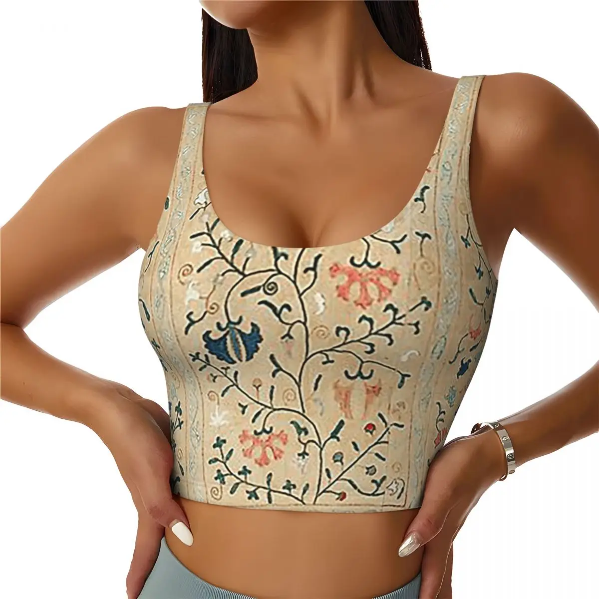 Personalizado uzbequistão suzani nim bordado sutiã esportivo feminino colete de alto impacto ginásio treino yoga colheita regatas