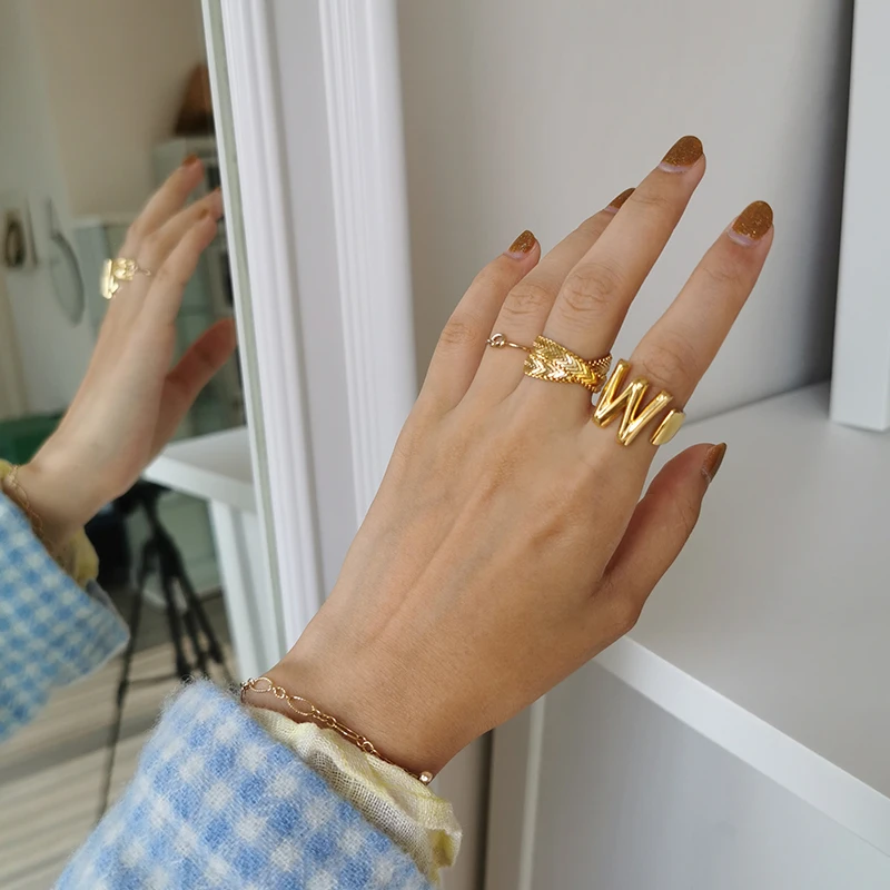 Classic 18K Gold Plated  26 Letter Rings for Women Trendy Chunky Open Initial Ring Gift with Black Jewelry Box