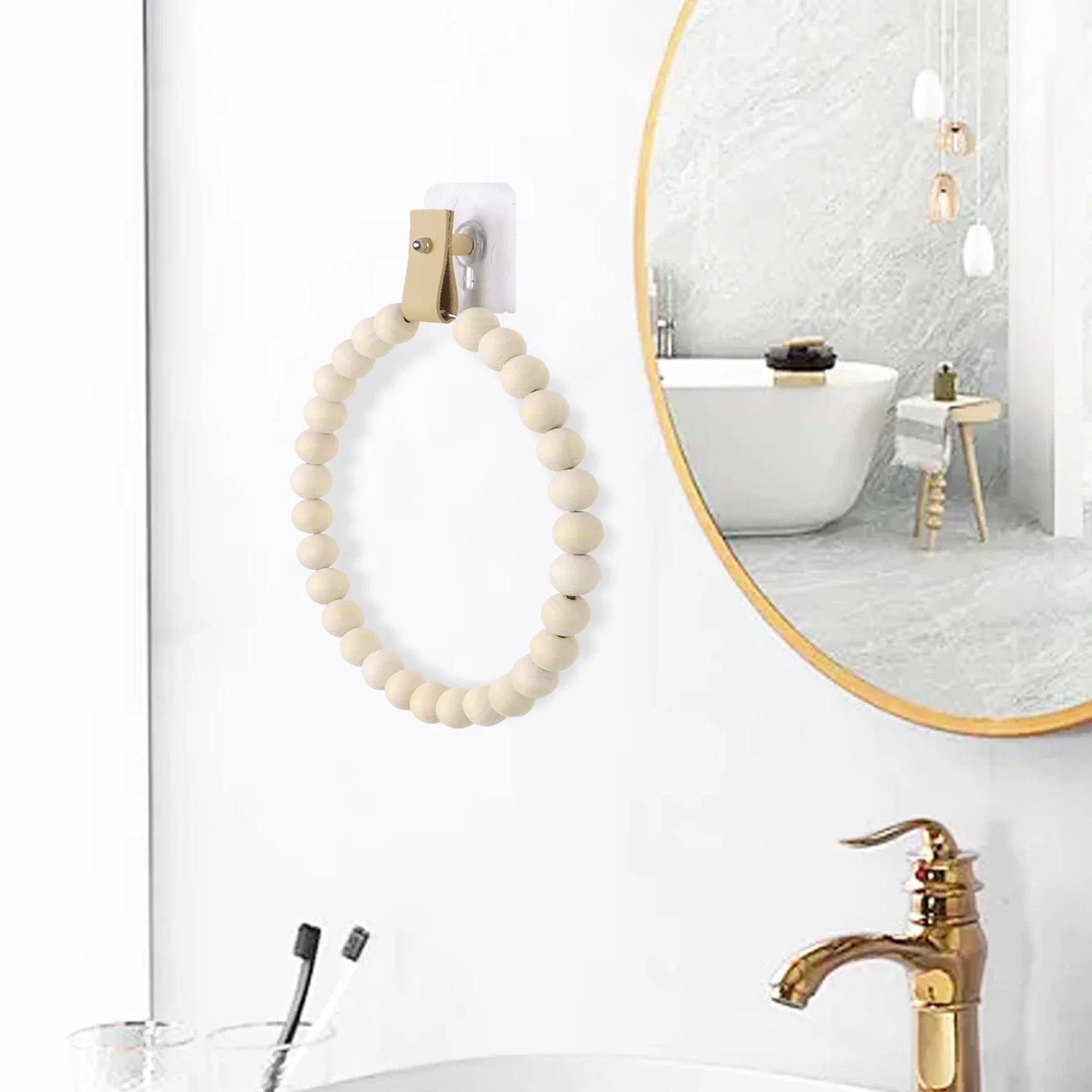 Handmade Boho Towel Rack Bead Round Wood Ring Wall Mounted Bathroom Decor Wooden Bath Rings Hand Holder for Kitchen Accessories