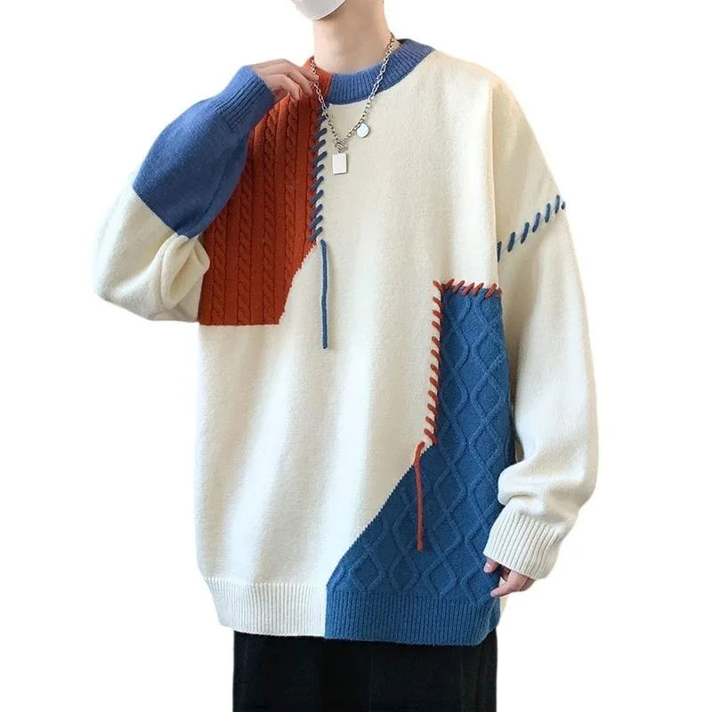 

Осень/зима, свободный свитер с круглым вырезом, гонконгский стиль, полосатый цветной блок, теплый трикотаж, модный брендовый повседневный базовый слой, шерстяной Jac