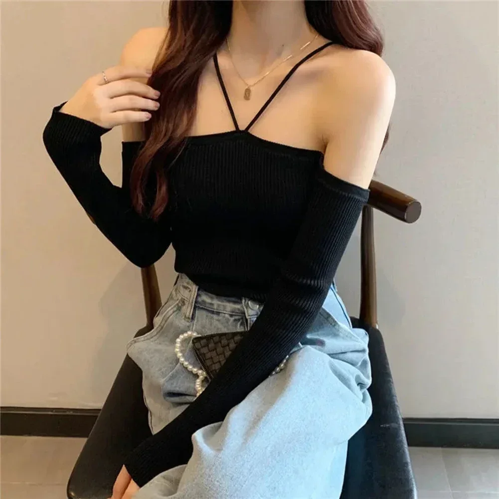 Women Knitted Top Off-Shoulder Polyester Suspenders Top Bateau Collar Cross Size Halter Neck Comfy Fashion