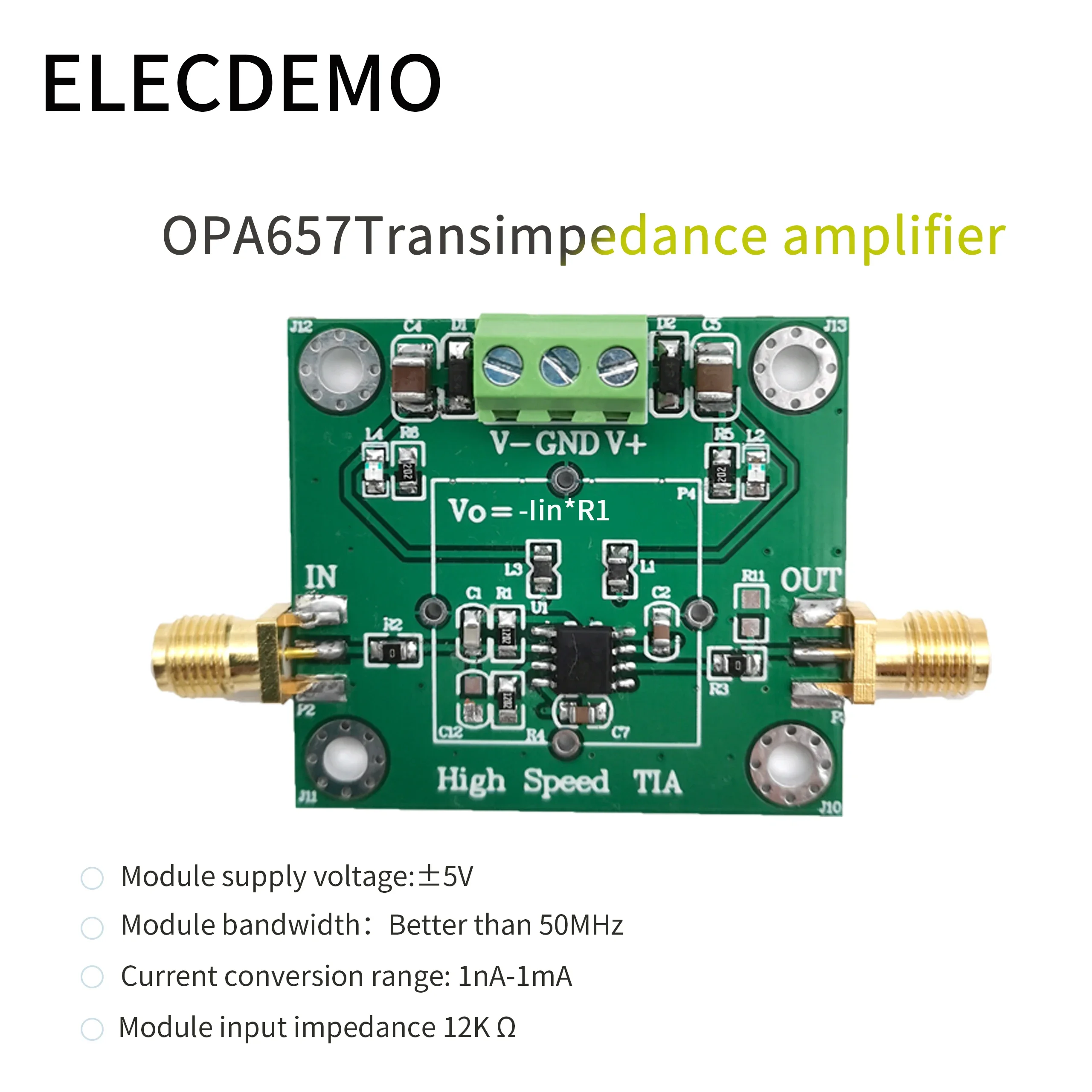 TIA Photoelectric I-V Module, High Speed JFET Input Transimpedance Amplifier DIY Kit, for APD PIN Detector, OPA657/AD825/OPA847