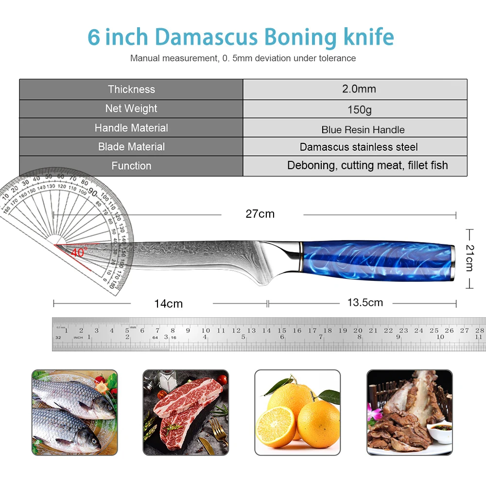 6 Inch Boning Fillet Knife Damascus Steel Pro Sharp Curved Flexible Blade Kitchen Chef Knives for Fish Poultry Chicken Meat